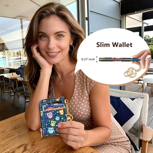 Image of GIANCOMICS Slim Wallet Credit Card Holder Women, Owls Rfid Blocking Small Card Case, Keychain Thin Pocket Curved Zipper Wallet, Travel Card Holder PU Leather ID Window, Ladies Female Gifts