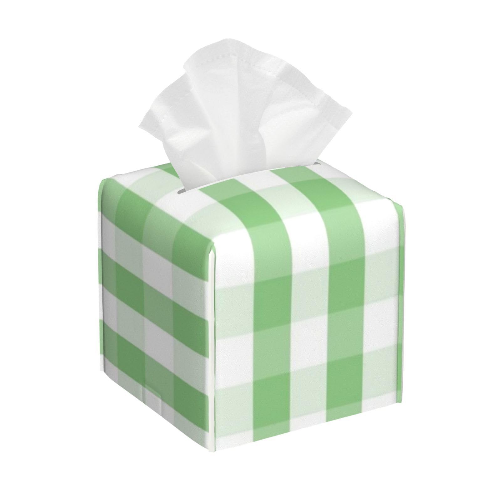 Green and White Gingham Check Plaid Tissue Box Cover 5" Square Leather Tissue Holder Facial Tissue Case for Tabletop Bedroom Bathroom Desk Decor