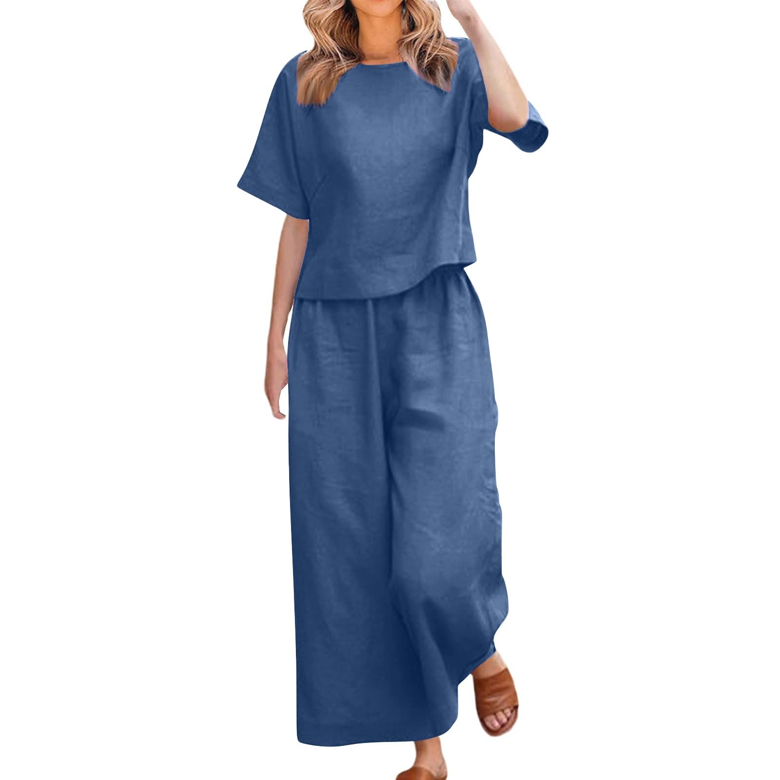 Bukknye Women's A-Navy Two Piece Sets For Linen Co Ord Set Plus Size Short Sleeve Tops Elastic High Waist Trousers Sets Round Neck T Shirt Pants Suit Outfits Summer Loungewear Casual Homewear
