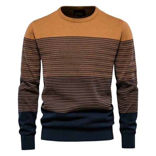 Men's Autumn Winter Trendy Vintage Slim Fit Long Sleeve Striped Round Neck Knit Sweater