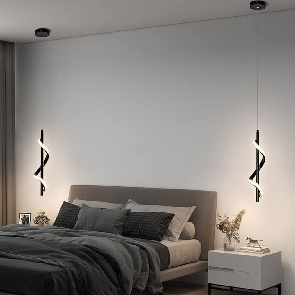 Metall-Spiral-Pendelleuchte, schwarze Nachttisch-Hängelampe, moderne LED-Hängeleuchten, ultradünner linearer Kronleuchter, nordische minimalistische Tropfenlampen für Flur, Wohnzimmer, dreif