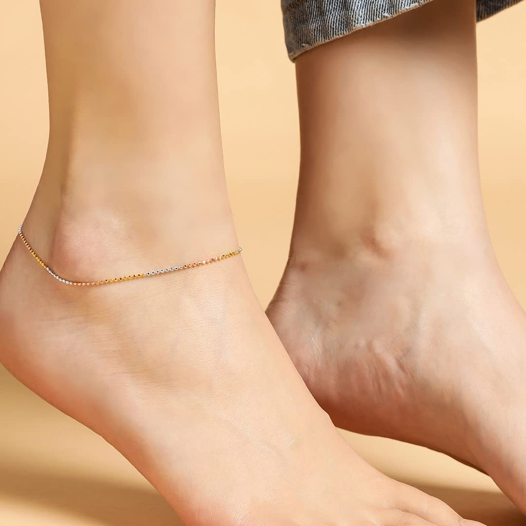 925 Silver Beads Chain Anklet Triple Tone Plating