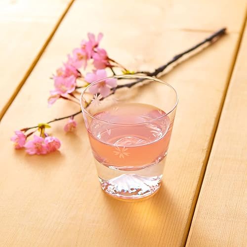 Miniatura 4 de [CON CERTIFICADO] Vidrio japonés Tajima hecho a mano – Juego de 2 vasos antiguos del Monte Fuji con el diseño de Sakura (flores de cerezo) –