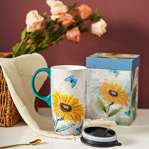 Topadorn Ceramic Travel Mug with Lid and Gift Box Latte Mug Coffee Cup, 17oz Large Capacity Mug Home Office Gift, Daisy - Image 2