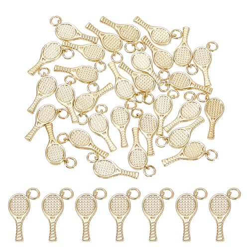 CRAFTYMELODY 30 pendentif Raquette de Tennis en Laiton Plaqué Or 18K avec Anneaux de Jonction Idéal pour la Création de Bijoux (17x8x2mm).