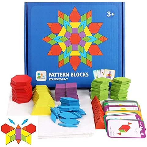 JCREN Wooden Pattern Blocks Montessori Toys Shape Puzzles Kindergarten Classic Educational Tangram Geometric Brain Teaser Toys Best STEM for Kids Ages 4-8 with 24 Pcs Design Cards Cover