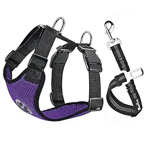 SlowTon Dog Harness for Car, Pet Seat Belt Harness with Car Vehicle Safety Seatbelt Adjustable Vest Dog Accessories for Small, Medium and Large Dogs Travel Walking .(Purple, Medium)