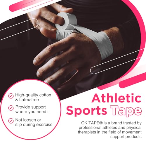 Image of OK TAPE Athletic Sports Tape(4 Packs) White- 32.8ft Per Roll Athletic Tape for Injuries,Strong Stick No Residue Athlete & Sport Trainers First Aid Injury Wrap, Hockey Stick