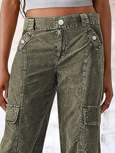 Flamingals Straight Leg Pants for Women Mid Rise Casual Cargo Multi Pockets Button Design Solid Pants4