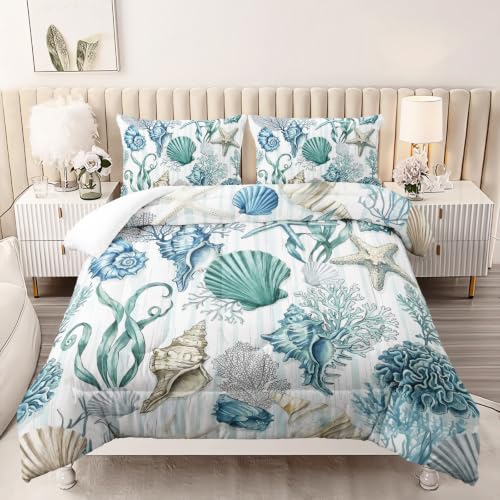 Image of AILONEN Teal Shell Collage Full Comforter Set, Seahorse Coral Artwork Bedroom Ensemble, 3 Piece Microfiber Down Alternative Fill for Adults Apartment Residents