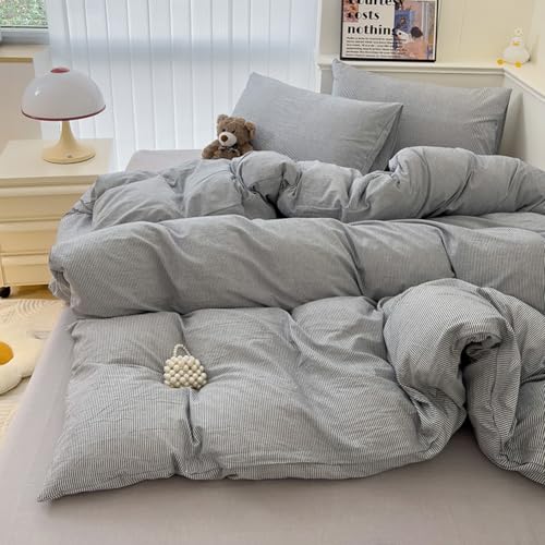 Image of VM VOUGEMARKET Washed Cotton Grey Striped Duvet Cover Set King,Pinstripes Duvet Cover with 2 Pillowcases Modern Simple Farmhouse Style Bedding Set-Vertical Stripes
