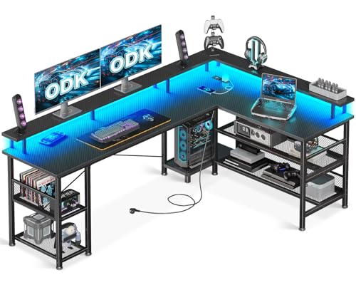 ODK Gaming Tisch mit LED, 168×120cm Reversibel Gaming Schreibtisch mit 2 Steckdosen & 2 USB-Ladeanschlüssen, Eckschreibtisch Groß mit Netzablage, Kohlefaser Schwarz