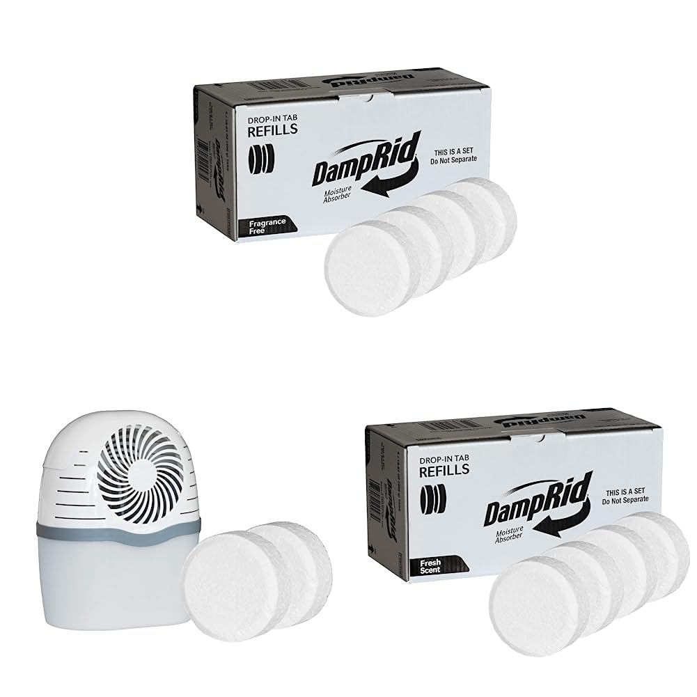 DampRid Fragrance Free Drop 4 Pack-15.8 Oz Drop Starter Kit with 2 Fragrance Free Moisture Absorbing Tabs & DampRid Fresh Scent Drop 4 Pack-15.8 Oz. Refill Tabs-Moisture Absorber