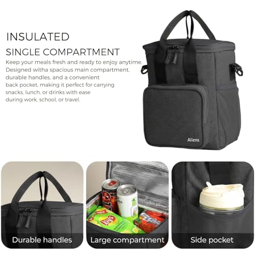 Image of Aliensware Thermal Insulated Lunch Bag with Handle & Adjustable Shoulder Strap, Large Capacity Meal Bag /Tiffin Bag /Lunch Holder /Meal Container Picnic Bag for Food Storage,Office,Travelling Aliens-BLK
