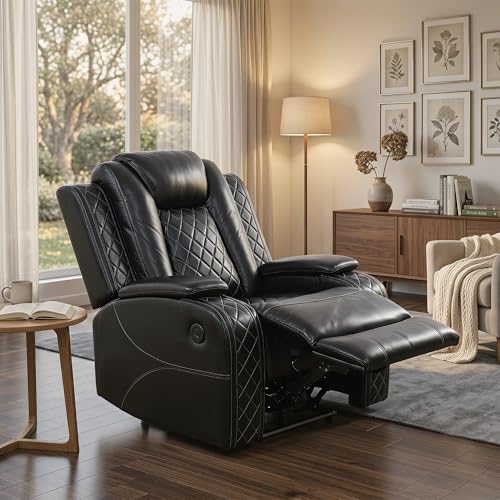 Image of Power Recliner Chair, Breathable Leather Recliners with USB Charging Port, Electric Recliner Sofa with Adjustable Backrest, Padded Armrest for Home Theater, Living Room, Office, Black