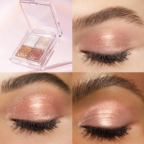 Highlighter Blusher Bronzer Contour 3-In-1 Makeup Palette, 4 Shades Shimmer Silver Gold Pink Face Highlighter Highly Pigmented Blendable Eyeshadow Eye Glitter Face Make-Up Palette for All Skin Tones - Image 4