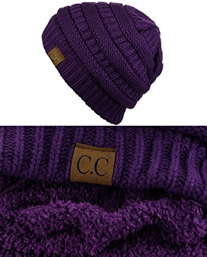 Image of C.C Unisex Chunky Soft Stretch Cable Knit Warm Fuzzy Lined Skully Beanie