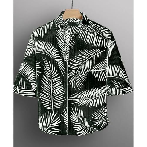 Image of MiraMichi Men's Corduroy Printed Half Sleeve Casual Shirt - Regular Fit Hip Length
