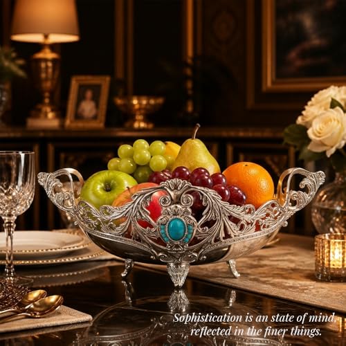 Image of Diviniti German Silver Decorative Blue Stone Bowl|Luxury Serving Bowl with Handles|Vintage Silver Platter for Dining Table, Home Decor, Centerpiece, Gifting|Elegant Metal Fruit Basket with Gift Box