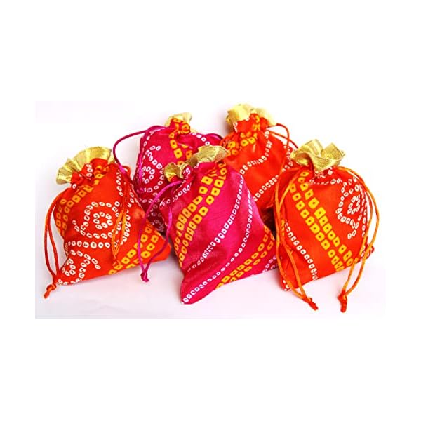 BERRYCRAVE Jaipuri Bandhej Print Fabric Drawstring Pouch Potli Bag (17X 11 Cms) X Five|Golden Top Border Wedding Gift Jewellery Ring Shagun Gold Silver Coins Gifting-Mix Colour, 5 count