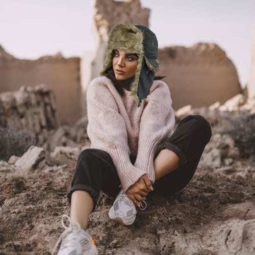 SKHAOVS Unisex Wintermütze mit Ohrenklappen,Winter Warme Fliegermütze mit Kunstpelz Ohrenklappen,Warme Kunstfellmütze Bomber Hut,Trappermütze wasserdichte für Skifahren Outdoor Aktivitäten(Schwarz)