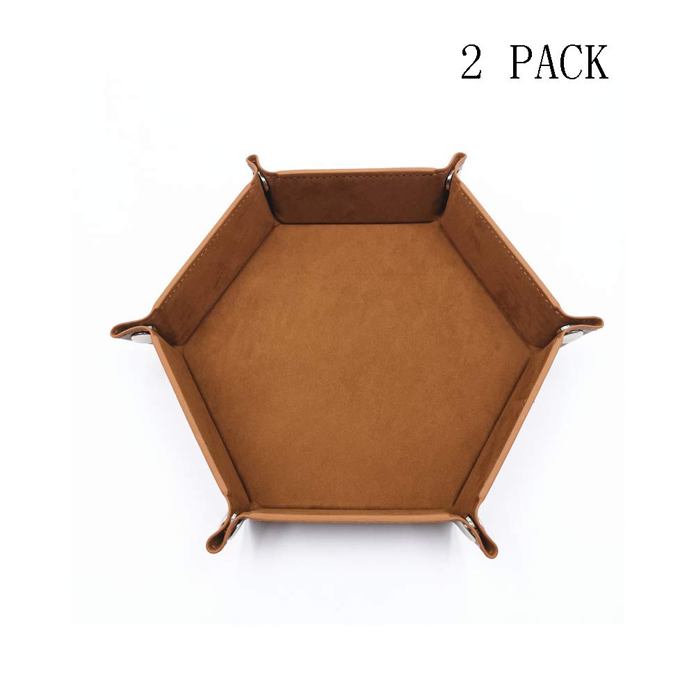 2 Pack Folding Hexagon Tray - Metal Dice Rolling Tray for RPG, DND and Other Table Games, Holder Storage Box (Brown)