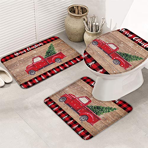 3-teiliges Badteppich-Sets, Weihnachts-LKW mit Weihnachtsbäumen rot schwarz Büffel-Plaid Badezimmer Matten-Set für… – Bild 5