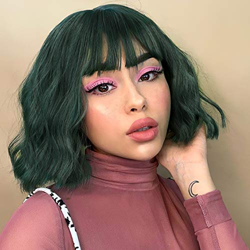Isaic Green Wavy Wig With Bangs Short Curly Synthetic Wigs for Women Cosplay Shoulder Length Dark Green Color Wig Heat Resistant Fiber Hair