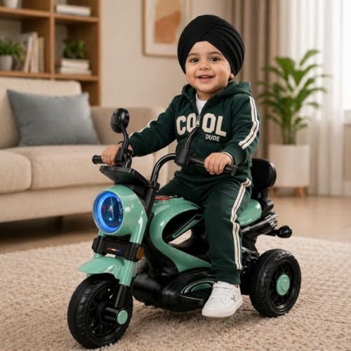 Image of Retro Bike for Kids Ride On Battery Operated Motorcycle | Rechargeable Electric Bike with Foot Accelerator, LED Light, Music, 3 Wheels, Stable Ride | Toy for Boys Girls Age 1-3 Years Green