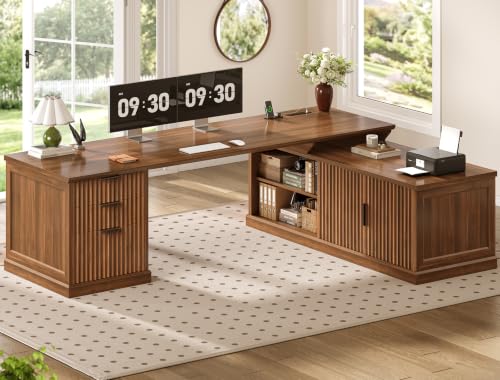 Image of SEDETA Fluted 70.9 inch L Shaped Desk with Drawers, Fluted Brown | Home Office Desk with Storage Cabinet and Storage Shelves,L Shaped Computer Desk with Power Outlet