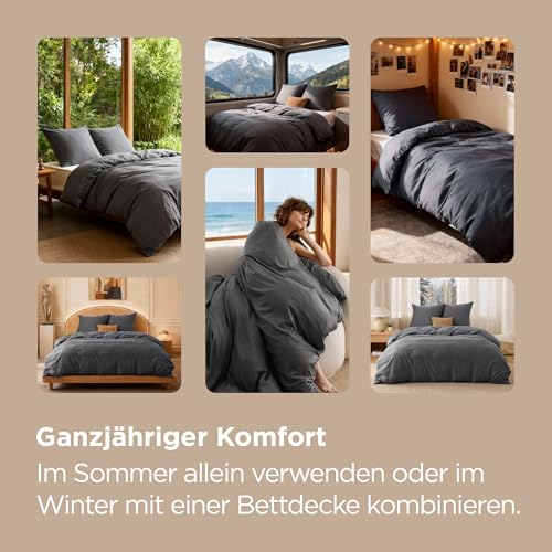 BEDSURE Bettwäsche 135x200 4teilig Anthrazit - 2 Bettbezüge 135x200 cm + 2 Kissenbezüge 80X80 cm, ÖKO-TEX Bettwäsche-Sets Grau Polyester Mikrofaser mit Reißverschluss