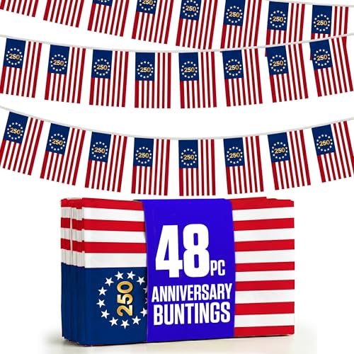 Betsy Ross Flag Bunting 48Pcs Flags 14x21cm String - 49ft Double-sided printed with Polyester Rope - 13 Stars Colonial Banner For 4th of July 250th Anniversary Soccer 2026 & Game Day Decor