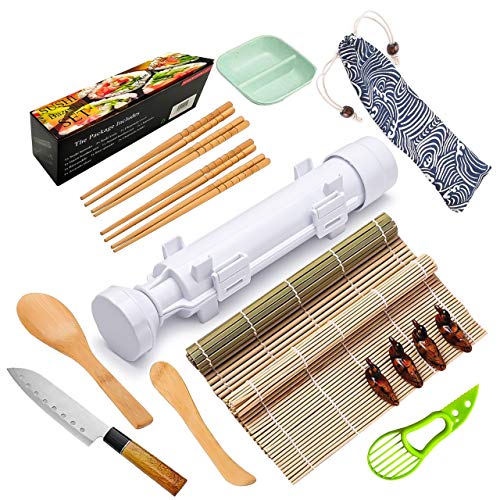 Sushi Making Kit - DIY Home All In One complete Sushi Set - Bamboo Mats Bamboo Chopsticks Paddle Spreader Sushi Knife Chopsticks Holder Cotton Bag DIY Sushi Roller Machine