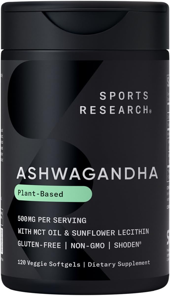 Sports Researchยฎ Ashwagandha Softgels with Coconut MCT Oil - Natural Ayurvedic Adaptogen Made with Shodenยฎ Ashwa for Relaxation, Calm & Sleep Support - Gluten Free & Vegan Friendly - 120 Count