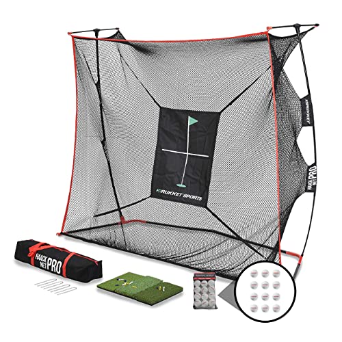 Rukket 9x7x3 Haack Pro Golf Net | Tri-Turf Hitting Mat | Tru-Spin PU Foam Practice Balls Bundle