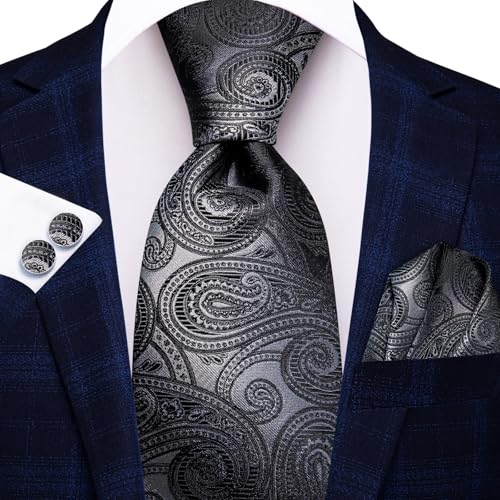 Image of Hi-Tie Paisley Floral Ties Set for Men Silk Mens Stripes Necktie Pocket Square Cufflinks Set Formal Business