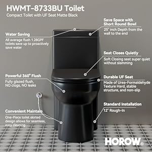 HOROW HWMT-8733BU Small Compact One Piece Toilet Matte Black, 25" Length Toilet with Soft Closing & UF Seat, 1.1/1.6 GPF Powerful Dual Flush Toilets for Bathroom, 12'' Rough-In Toilet Bowl Black HOROW HWMT 8733BU Small Compact One Piece Toilet Matte Black 25 Length Toilet with Soft Closing UF Seat 1116 GPF Powerful Dual Flush Toilets for Bathroom 12 Rough In Toilet Bowl Black