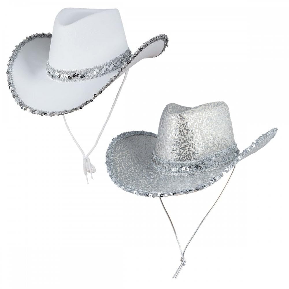 Titch & Timbo 2 Pack Cowgirl Hats (Multiple Options) : Adult Ladies Womens Western Wild West Hen Night Music Festival Barn Dance Rodeo Fancy Dress Cowboy Costume Accessories (Sequin, Silver,White)