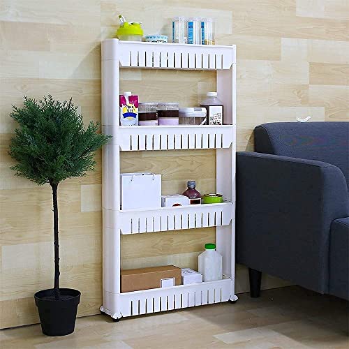 Image of 4 Layer Storage Organizer Slim Rack and Shelf with Wheels for Easy Slide | Unbreakable Plastic, white