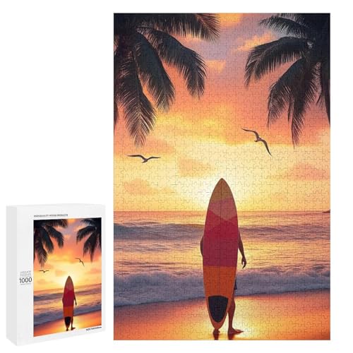 サーファーのシルエット 夕日 浜辺のヤシの木ジグソーパズル パズル レジャー 子供/大人用 減圧 誕生日プレゼント 贈り物 パズル 初心者向け ギフト 誕生日 クリスマス 1000 PCS