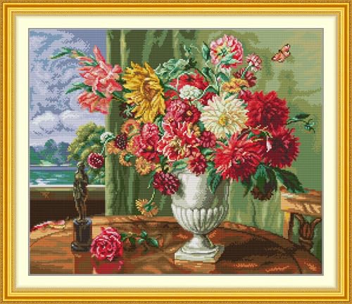 Image of CaptainCrafts Cross Stitch Kits for Adults Counted Unprinted Fabrics Needlework Craft Home Decor (Counted 14CT, Oil Painting Flowers in Front of Window)