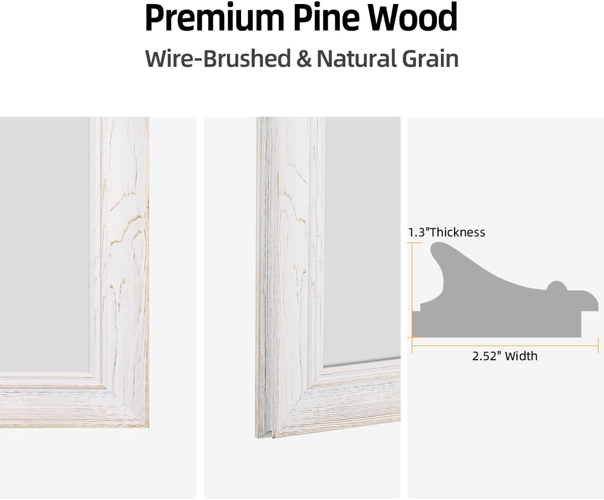 36 x 60 Rustic Wooden Framed Wall Mirror for Bathroom, White Wood with Orange Grain Vanity Rectangle Mirror for Over Sink, Waterproof, Decor Living Room, Bedroom, Entryway, Horizontal/Vertical