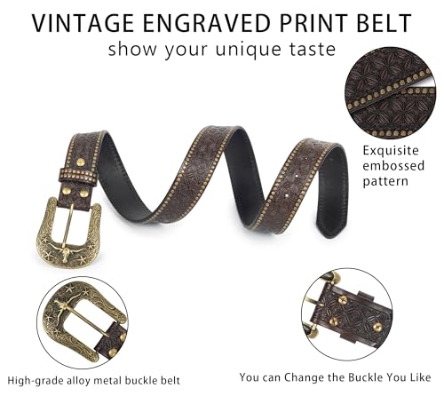 Image of Western-Leather-Belts-Women Vintage Waist-Belts with Hollow Out Flower