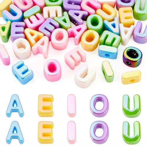 FASHEWELRY 40Pcs Vowel Large Letter Beads UV Plating Colorful Big Alphabet Bead Vowel AEIOU Spacer Paracord Beads for Keychains Bag Charm Kit Phone Chains Bracelets Necklaces Shoelaces
