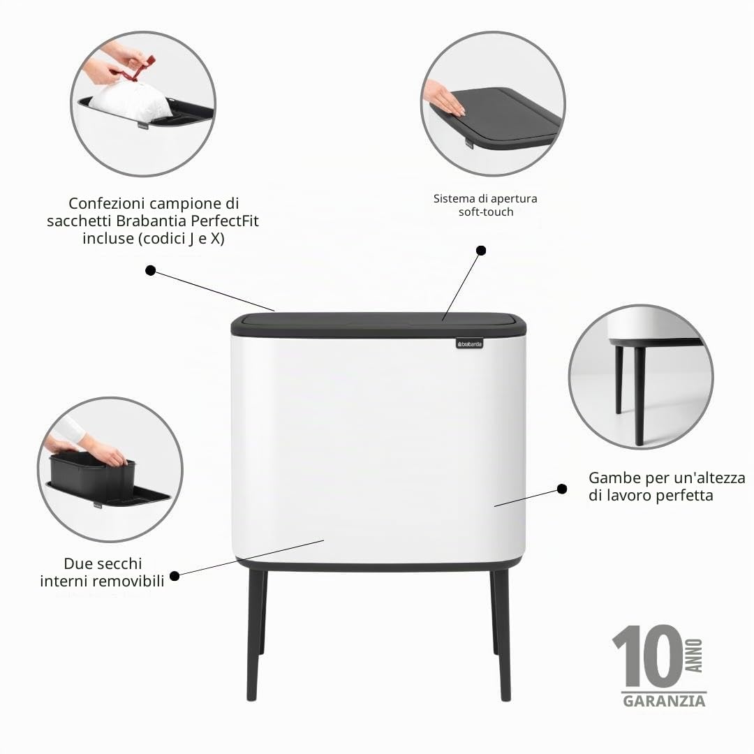 Brabantia Bo Touch Bin Pattumiera, Metallo, Bianco, 11 + 23 Litri