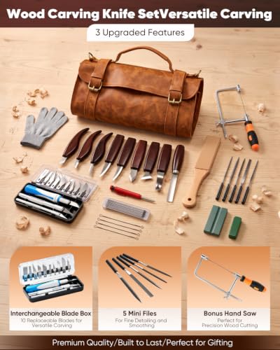 Image of SakerNeo 35PCS Wood Carving Kit Whittling Knife Set for Beginners Adults - Complete Wood Carving Tools Set with Knife Set, Utility Knife, Gouges, Chisels,DIY Woodworking Spoon Carving Craft Kit Gift