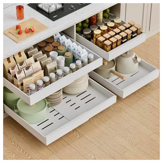 29+ Canned Food Storage Ideas 4 PAKETA 4 Pack Expandable Pull Out Cabinet Organizer, 21'' Deep Pull Out Drawers for Cabinet, Upgrade 3 Slide Rails Sliding Drawer for Cabinets with Adhesive Nano Film (White, 21"D X 12-20"W)