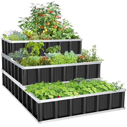 Homdox 3 Tiers Raised Garden Bed, 3 Installation Methods for DIY Large Metal Planter Box with Gloves and Reinforced Frame for Deep-Rooted Plants Vegetables Flowers 52'x 36'x 24'Garden Boxes Outdoor