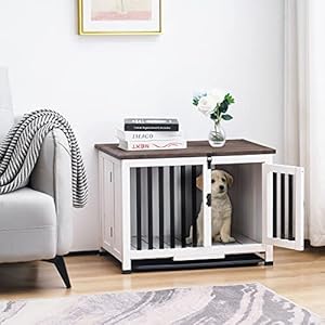   MCombo-Wooden-Dog-Crate-Furniture-Dog-Kennel-Pet-House-End-Table-Solid-Wood-Portable-Foldable-Indoor-Cage-for-Dogs-No-Assembly-Needed-Small-White-and-Brown