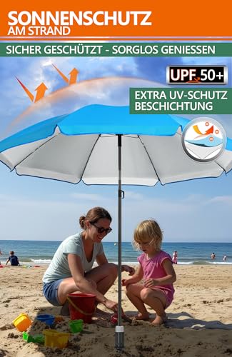 4smile Sonnenschirm Strand SunnyJoy 3-IN-1-SET, Fb. Blau - Strandschirm Ø 180 cm + Bodenhülse + Schutzhülle - Strandschirm windfest stabil, Sonnenschirm mit UV-Schutz 50+ 3